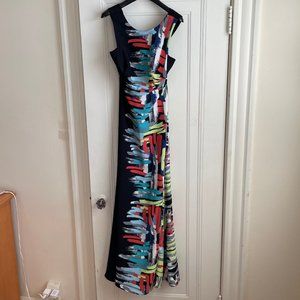 BCBG MaxAzria Zhanna printed brush stroke open back gown (size 0) in black